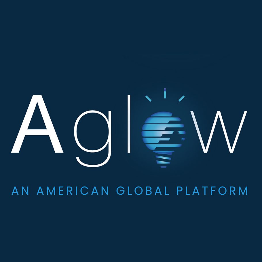 A blue and white logo of aglow