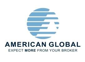 A blue and white logo of american global.