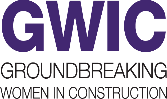 A green and purple logo for groundbreakers women in construction.