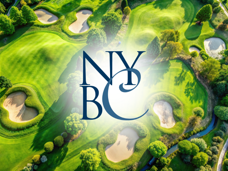 Aerial view of golf course with NYC logo.