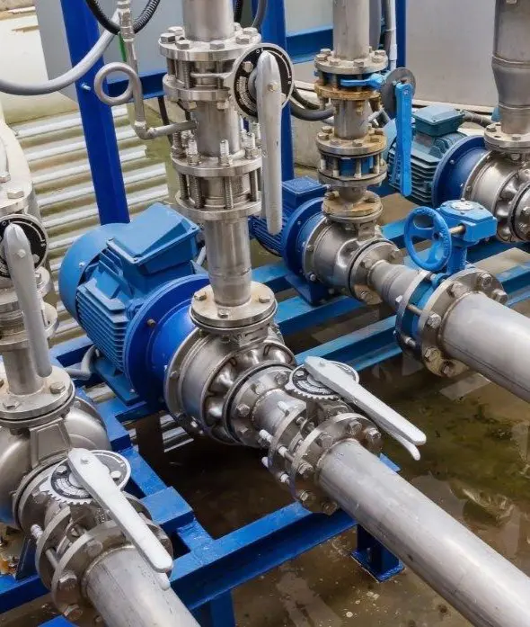 Industrial pipe system with valves and pumps.