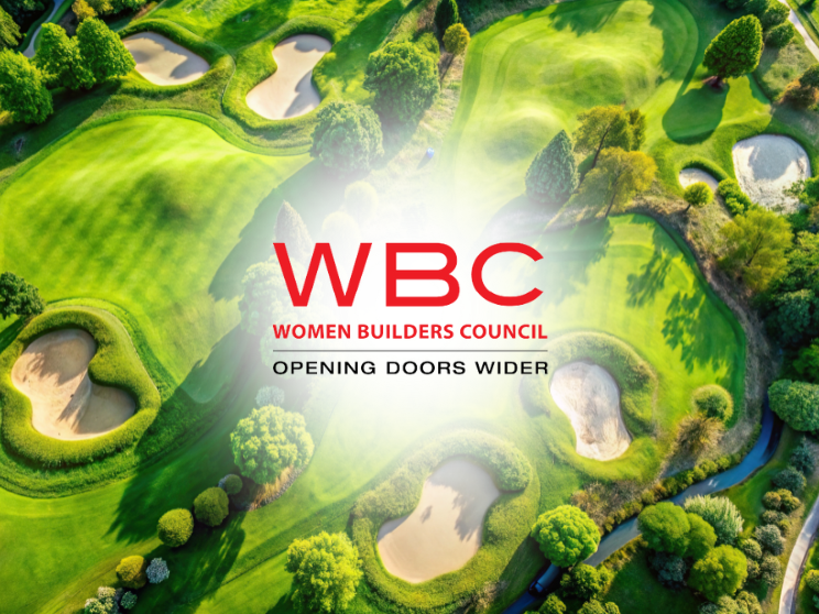 Aerial view of a golf course with WBC logo.