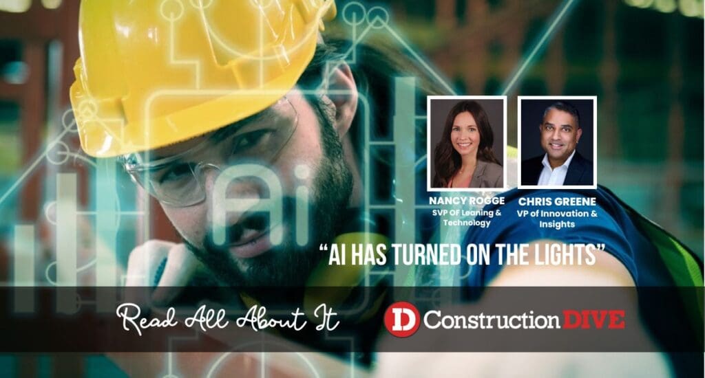 Construction worker with AI technology graphics.