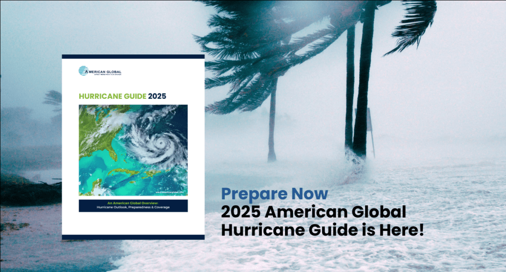 Photo of wind blown water and palm trees and the cover image of the Hurricane Guide