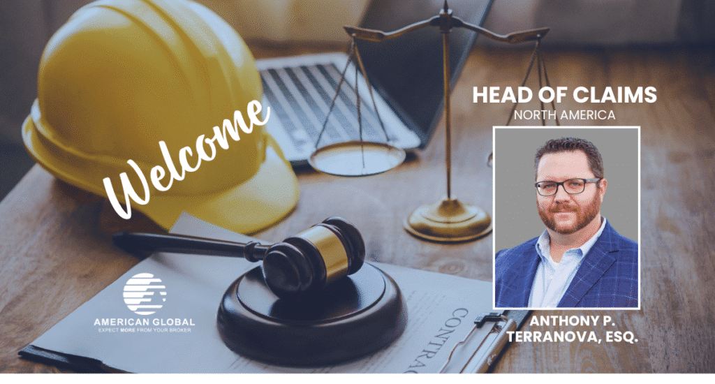Photo of Anthony Terranova against a background with a gavel, contract, scales of justice and hardhat
