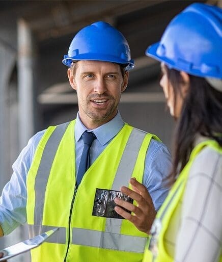 Two people in hard hats and vests talking.