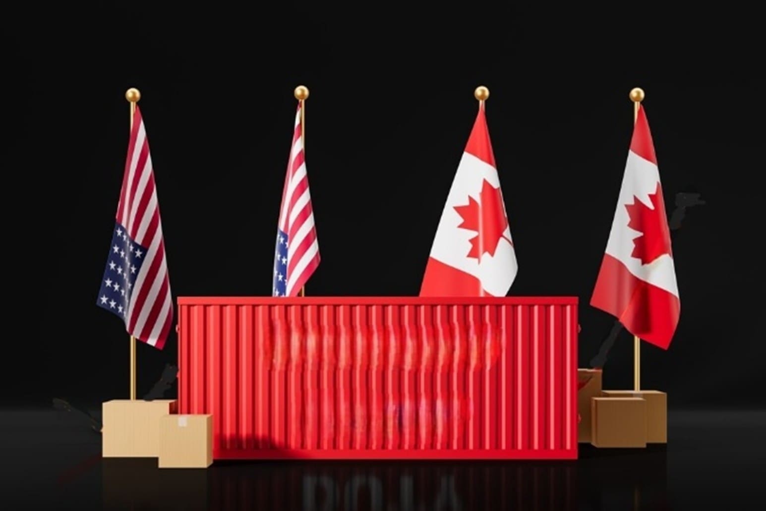 Red container with American and Canadian flags.