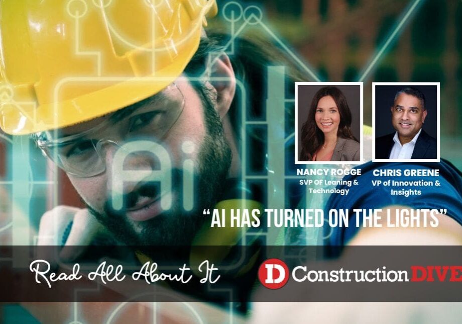 Image of construction worker with the words AI and technology related symbols